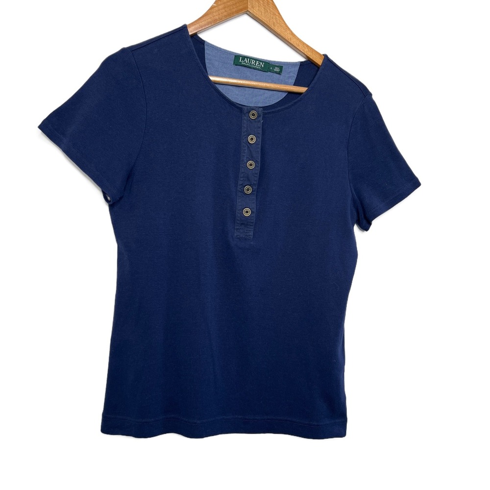 Lauren Ralph Lauren Womens Navy Blue Short Sleeve Henley Casual T Shirt Top L - Picture 3 of 16